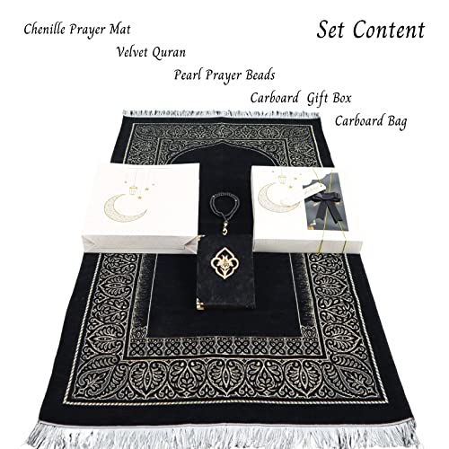 IEF Muslim Prayer Rug Islamic Prayer Mat Quran Prayer Beads Gift Set, Ramadan Eid Gifts, Birthday Gifts for Men, Fathers Day Gift, Velvet Prayer Rug Arabic Quran Pearl Tasbeeh - color: Black with Bag