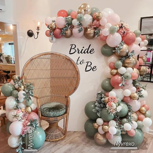 Bridal Shower Bride Balloons Arch Garland Kit - color: Pink, Sage Green, White, Metallic Gold