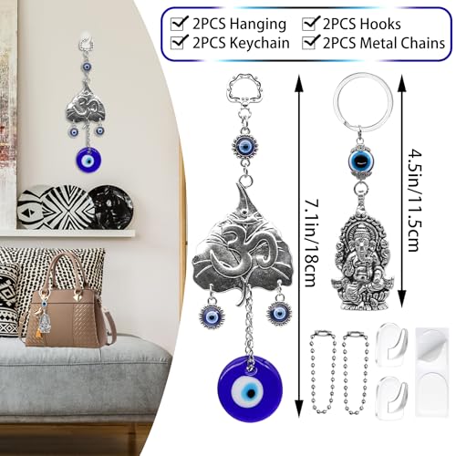 Hindu OM Evil Eye Car Hanging Ganesha Car Charms Lord Ganesha Idol Car Mirror Hanging Accessories Evil Eye Key Chains Turkish Nazar Amulet Boncugu Perfect for Gifting Diwali Housewarming Birthday