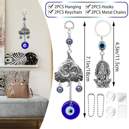 Hindu OM Evil Eye Car Hanging Ganesha Car Charms Lord Ganesha Idol Car Mirror Hanging Accessories Evil Eye Key Chains Turkish Nazar Amulet Boncugu Perfect for Gifting Diwali Housewarming Birthday