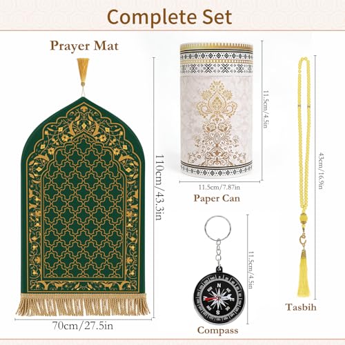 Prayer Mat Ramadan Gifts - Green Prayer Rug Islamic Praying Tasbih Beads Compass, Muslim Praying Carpet for Men Women Eid Salah Namaz Meditation, Gifts for Eid Ramadan - color: Green