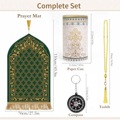 Prayer Mat Ramadan Gifts - Green Prayer Rug Islamic Praying Tasbih Beads Compass, Muslim Praying Carpet for Men Women Eid Salah Namaz Meditation, Gifts for Eid Ramadan - color: Green