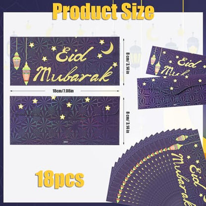 18pcs Eid Mubarak Envelopes for Money, 7 x 3.1 Inch Eid Al-Adha Gift Cards Ramadan Kareem Money Holder Pocket Cash Packet Ramadan Greeting Cards Envelope for Muslim Party Celebrations Decorations