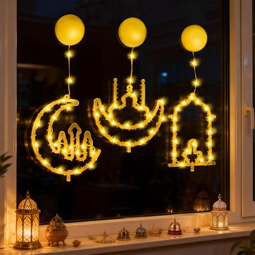 Ramadan Window Lights Decorations, 3 Pack Warm White Lantern, Moon, Mosque Battery Powered Gold Acrylic Ramadan Mubarak Eid Kareem LED Sign with Timer, Perfect String Lights Muslim Eid Decor