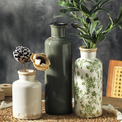 Vintage Vase Set of 3, Ceramic Vintage Flower Vases, Chinoiserie Decorative Home Decor Retro Floral Vase Rustic Farmhouse Decor for Table Bookshelf Mantel Kitchen Living Room Office - Green and Beige - color: 007 Vintage - Green