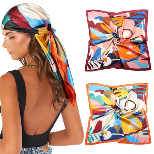 AWAYTR 35” Large Satin Square Head Scarf - 2Pcs Silk Like Floral Head Scarves Square Satin Hair Scarf Bandanas for Women - color: Flower(red/Yellow)