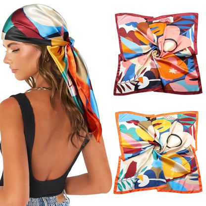 AWAYTR 35” Large Satin Square Head Scarf - 2Pcs Silk Like Floral Head Scarves Square Satin Hair Scarf Bandanas for Women - color: Flower(red/Yellow)