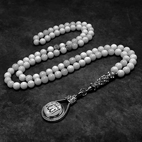 Special Prayer Beads Series -99 beads- Tesbih Tasbih Tasbeeh Misbaha Masbaha Subha Sebha Sibha (White Jade Stone -8 mm 99 Beads- & Zircon Stone Design) - color: White Jade Stone -8 mm 99 Beads- & Zircon Stone Design