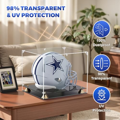 KOLIPI Football Helmet Display Case, Full Size Clear Acrylic Case Display for Football Baseball Motorcycle Helmet, Self-Assembly Showcase with Double Layer Base, Protector for Signed Memorabilia - size: Football Helmet Case, 15x12x13 inches