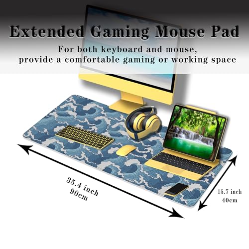 Large Desk Pads Blue and White Desktop Pad, Pc Mouse Pad Keyboard Mat, Desk Pad Gaming Waterproof Non-Slip Rubber Base, 35.4 X 15.7 inch for Work/Game/Office/Home Japanese Abstract Waves - color: Japanese Abstract Blue And White Wave