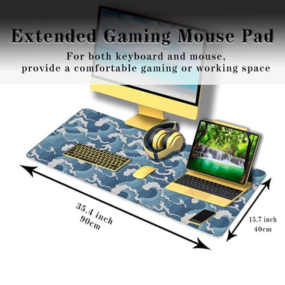 Large Desk Pads Blue and White Desktop Pad, Pc Mouse Pad Keyboard Mat, Desk Pad Gaming Waterproof Non-Slip Rubber Base, 35.4 X 15.7 inch for Work/Game/Office/Home Japanese Abstract Waves - color: Japanese Abstract Blue And White Wave