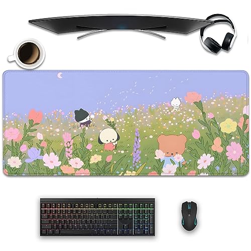 Flower Desk Pad Mouse Pad，Large Cartoon Cute Mouse Pads with Stitched Edges,Non-Slip Waterproof Rubber Base,Kawaii Nature Desk Mat for Desktop,Keyboard Pad for Office Home Work(27.5X11.8 in) - color: Bear and Flower