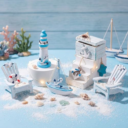 Queekay 7 Pcs Wooden Box Wooden Lighthouse Mini Sailboat Anchor Fish Hanging Starfish Model Spring Summer Easter Tree Ornament Decoration Aquarium Landscape Ornament Mini Garden Landscape (Novelty) - style: Novelty