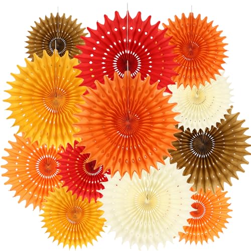 BestoFun 12PCS Orange Red Paper Fans Fall Party Decorations Tissue Paper Flowers Decorations for Girl Groovy Birthday Baby Shower Wedding Autumn Halloween Thanksgiving Room Wall Hanging Décor - color: Orange Red