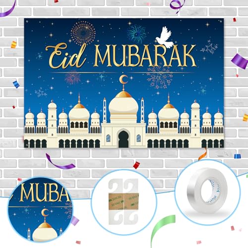 Eid Mubarak Backdrop Banner Decor - 6x4 ft Happy Eid Ramadan Mubarak Photography Background Poster - Islamic Festival Ramadan Holiday Party Photography Prop Booth Decorations