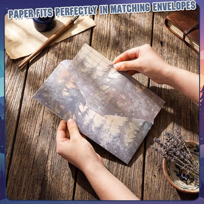 TaoBary 160 Pcs Stationery Paper Kit 50 Double Sided Stationery Papers with 50 Matching Envelopes and 60 Round Dot Sticker, 10 Design(whimsical Watercolor Illustration Starry Night, 8.5 x 11 Inch) - size: 8.5 x 11 Inch, style: Whimsical Watercolor Illustr