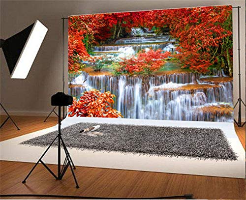 AOFOTO 10x6.5ft Falls Backdrop Cascades Photography Background Waterfall Nature Landscape Travel Adult Man Artistic Portrait Autumn Red Leaves Scenic Photo Shoot Studio Props Video Drop Wallpaper - size: 10x6.5ft