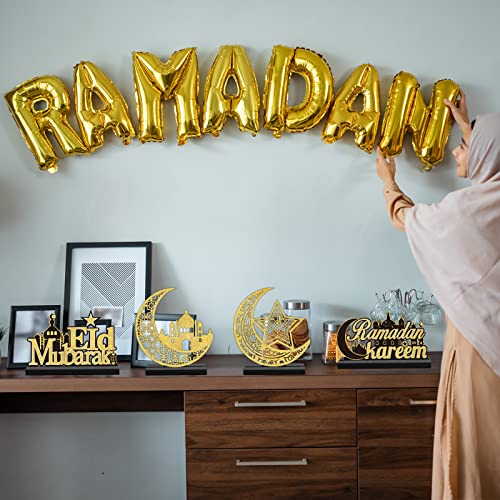 4pcs EID Mubarak Wooden Table Centerpiece Decorations EID Mubarak Wood Tiered Tray Signs Table Decor EID Mubarak Wooden Plaque Ornament Tabletop Signs for EID Ramadan Home Kitchen Gifts Supplies