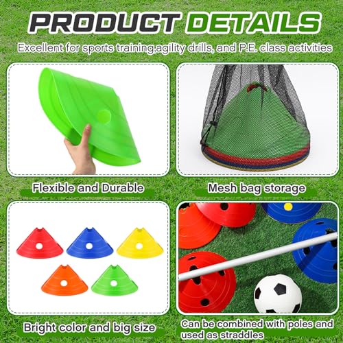 Jumbo Disc Cones Jumbo Soccer Cones with Mesh Bag Giant Large Agility for Soccer Training Adult Sports - color: red, yellow, blue, green, and orange