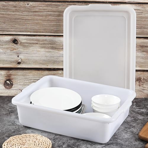Hespama 3 Pack Commercial Bus Tub with Lid, 13 L Plastic Wash Basin, White | Food Grade
