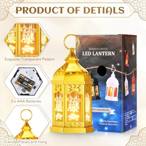 Threan 2 Pcs Ramadan Lantern Lights, 6.9" & 11" Golden LED Ramadan Eid Decorations with Star and Moon Pattern, Hanging Lights for Muslim Home, Patio, Table, Wedding Centerpieces Islamic Festival Decor