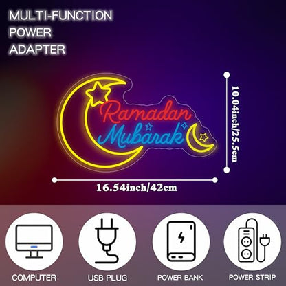 Ramadan Mubarak Neon Sign, Dimmable Led Sign Crescent Moon Wall Light for Ramadan Decorations, Islamic Home Decor for Window, Living Room & Bedroom Festival Display