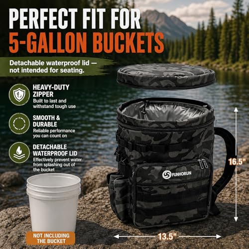 Fishing Bucket Organizer for 5 Gallon Bucket, Fishing Tackle Bag | With Backpack Straps, Detachable Lid & Multi-Pockets for Storage, Full Water-Resistant (Bucket, Seat & Tools Not Included) - style: Basic (Bucket, Seat & Tools Not Included)