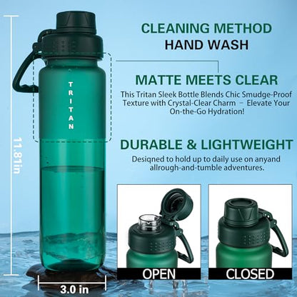 OLDLEY 32oz Water Bottle with Handle, BPA-Free Tritan Reusable Sports Water Bottle with Leak-Proof Dust Lid, Wide Mouth, Cup Holder Friendly, Half Frosted Clear Bottle for Gym,Travel, Work,Teal Green - color: Teal Green
