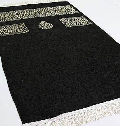 Modefa Turkish Islamic Prayer Rug | Chenille Muslim Prayer Mat Islam Sajada | Muslim Prayer Rug Janamaz | Ramadan or Eid Gift with Car Hanger - Luxury Woven Meccan (Black KB) - color: Black Kaba