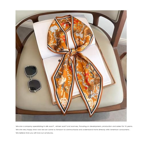 Silk Feeling Head Scarf Fashion Satin Hair Scarf Square Long Scarves for Women Gifts - color: 02 Orange Flowers/5.12 X 59 Inch