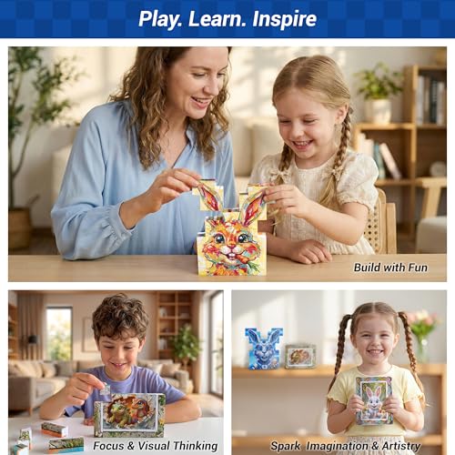 TOSY Picture Cube Cute Dinos: 6-in-1 Magnetic Picture Puzzle, Easter Basket Stuffers STEM Gift for Kids & Adults, 48 Blocks, 288 Puzzle Faces, 0.6 in, B021, Seamless UV Art, Display-Ready Frame
