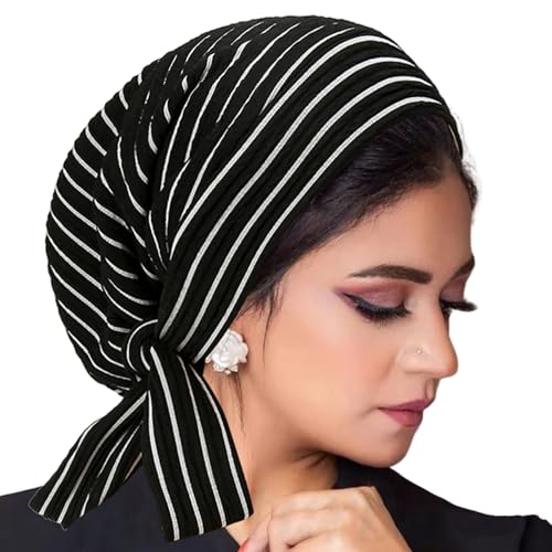 Suillty Women's Pre-Tied Muslim Hijab Bonnet Pleated Ruffle Turban Chemo Cap Underscarf Islamic Headwear - color: Black Striped