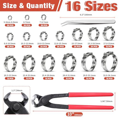 AKIHISA 360Pcs 16 Sizes Single Ear Hose Clamps, 5.3-36.1mm Stainless Steel_304 Crimp Hose Clamps Cinch Rings Assortment Kit for Automotive, Pipe, Plumbing - size: 360Pcs (5.3-36.1mm)