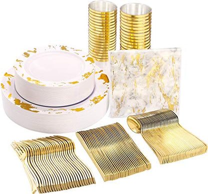 Nervure 175PCS Gold Plastic Plates with Marble Printing & Gold Plastic Silverware:50 Plates, 25 Forks, 25 Knives, 25 Spoons, 25 Cups, 25 Napkins for Thanksgiving & Wedding - color: Gold Marbling
