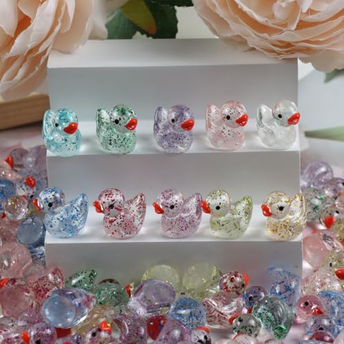 Cidinge 80 Pcs Mini Resin Ducks,10 Colors Sequin Miniature Ducks for DIY Projects Garden Dollhouse Aquarium Home Birthday Craft Party - style: 80pcs Glitter Ducks