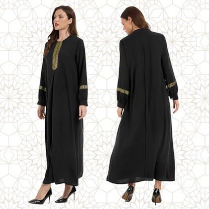 GYQMBT Womens Muslim Printed Abaya,Long Sleeve Zipper Islamic Robe Prayer Clothes with Hijabs - color: Black, size: X-Large