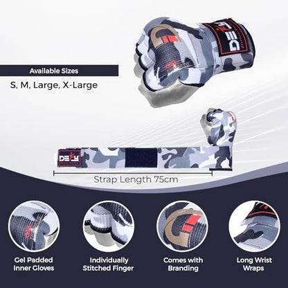 DEFY Padded Inner Gloves Quick 75cm Long Strap – Inner Boxing Gloves Gel Padded Knuckle Protection – Elasticated Boxing Hand Wraps for MMA Muay Thai Kickboxing Martial Arts Pair - color: White Camo, size: Small