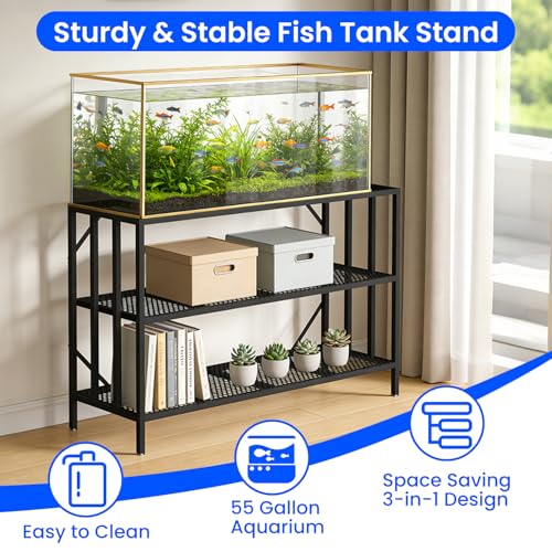 55-75 Gallon Fish Tank Stand, Heavy Duty Metal Aquarium Stand, 3-Tier Adjustable Storage Shelf for Home and Office, 1000LBS Capacity, Black (Tank not Included), 49.6''L×15''W×30''H - size: 55-75 Gallon without Power Outlet