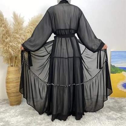 Abayas For Women Muslim Ramadan Long Sleeve Open Front Imitation Pearls Tiered Chiffon Dress Cardigan with Belt Dubai Kaftan - color: Black, size: Small