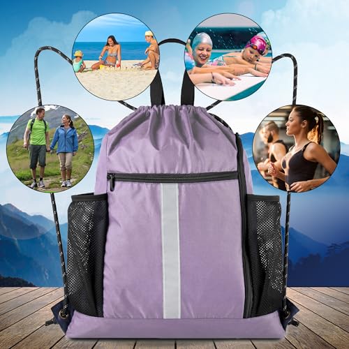 BeeGreen Lilac Drawstring Backpack Bag Gym Sports Backpack with Shoe Compartment and Two Water Bottle Holder for Women Men Large String Athletic Sackpack Workbag - color: Lilac, style: Drawstring With Shoe Compartment