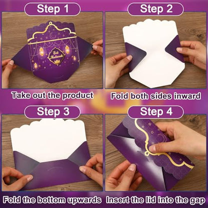 JULMELON 24 Pcs Eid Mubarak Envelopes Eid Gifts Cards Holders 6 Styles Ramadan Pocket Envelope for Money Islamic Muslim Ramadan Mubarak Cards for Kids Gifts(6.5 x 3.5 in)