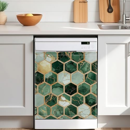 Magnetic Dishwasher Cover 23x26 in,Vintage Green Hexagonal Geometric Marble Decorative Waterproof Dishwasher Door Cover,Refrigerator Panel Sticker for Kitchen Decor - color: Vintage Green Hexagonal Geometric Marble
