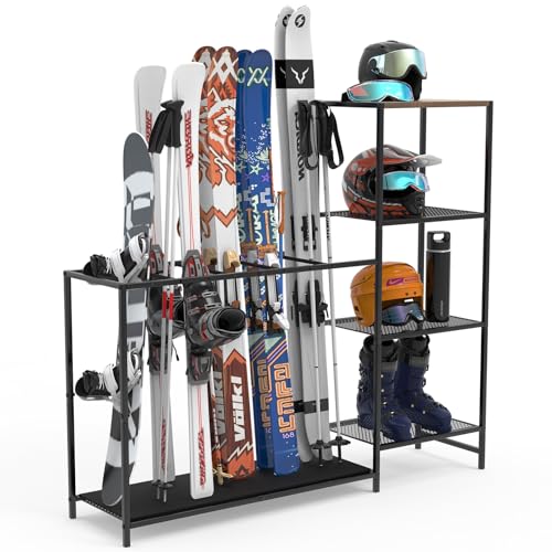 Freestanding Ski Rack, Ski Storage Rack w/Width-Adjustable Bars, Ski & Snowboard Rack Organizer for Garage, Home