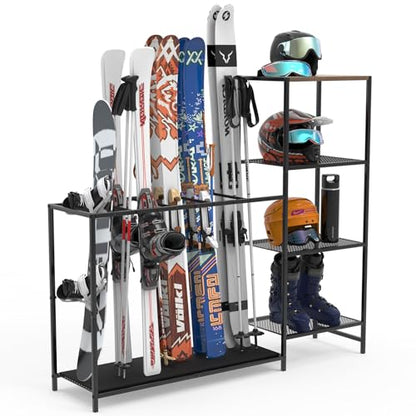 Freestanding Ski Rack, Ski Storage Rack w/Width-Adjustable Bars, Ski & Snowboard Rack Organizer for Garage, Home