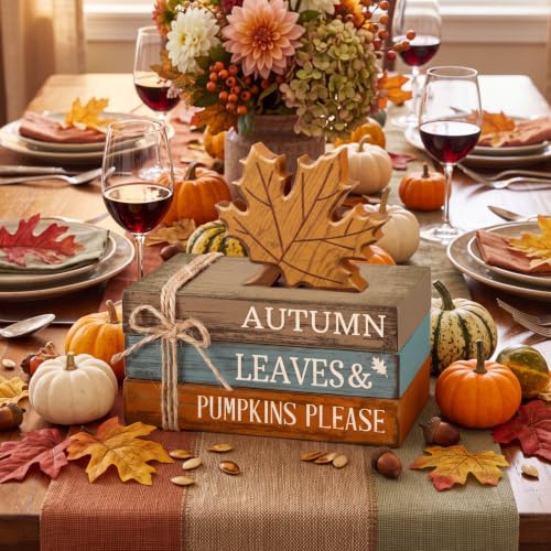 4 Pcs Fall Decorations for Home Rustic Autumn Wooden Maple Leaves Book Stack Block Sign Decorative Fall Tiered Tray Decor Thanksgiving Table Centerpiece for Harvest Office Kitchen Shelf Indoor - style: Maple Leaves