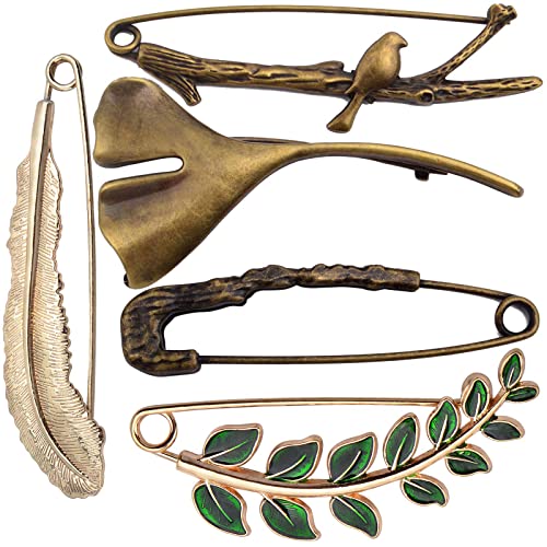 5pcs 5 Styles Extra Large Safety Pins Vintage Alloy Brooches Safety Pins Heavy Duty Quality Lapel Pins for Scarf Blankets Skirts Kilts Knitted Fabric Crafts