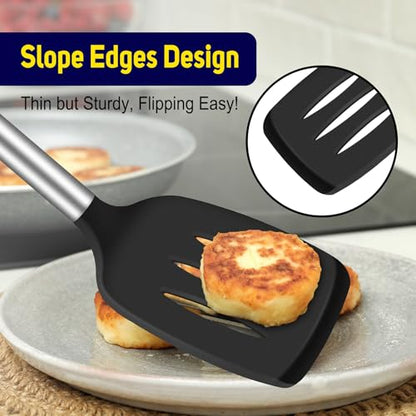 HOTEC Silicone Spatula Set of 2, High Heat-Resistant & BPA-Free Kitchen SaptulaTurner with Stainless Steel Handles, Slotted & Solid Spatulas for Nonstick Cookware, 13.7 Inch, Black - color: Black