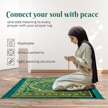 Muslim Prayer Rug, Soft Plush Thin Islamic Prayer Mat, Janamaz, Sajada, Praying Carpet, Islamic Gift, Foldable Portable Turkish Prayer Mat for Men&Women, Lightweight Travel Prayer Rug, 26"x43" - color: Jeddah / Darkgreen2