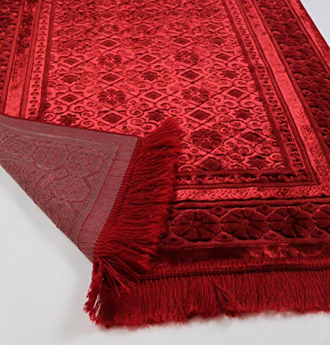 Modefa Velvet Prayer Rug - Soft Plush Turkish Janamaz Sajada Carpet for Men and Women - Plain Solid Prayer Mat Ramadan Eid Gift - with Prayer Beads - Luxury Floral Stamp (Red) - color: Red