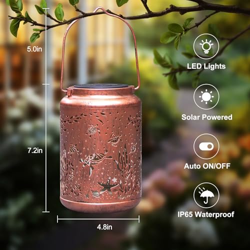 YISITEONE Sea Turtle Outdoor Solar Lanterns, Garden Waterproof Metal Hanging Decor Lights for Patio Yard Pathway Lawn Front Porch, Birthday Gardening Gifts for Women Mom Grandma - style: Sea Turtle